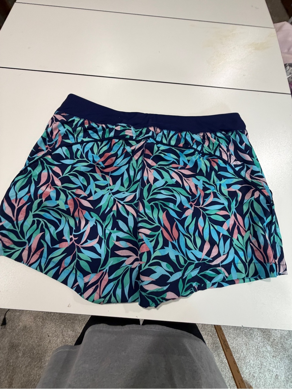 Lands' End Navy Swim Shorts with Teal & Pink Leaf Print